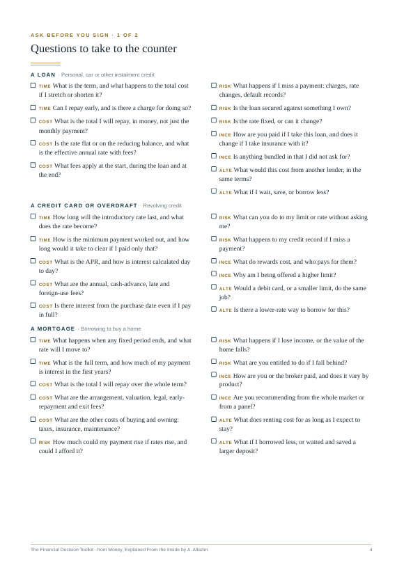 The ask-before-you-sign question lists for loans, cards and mortgages