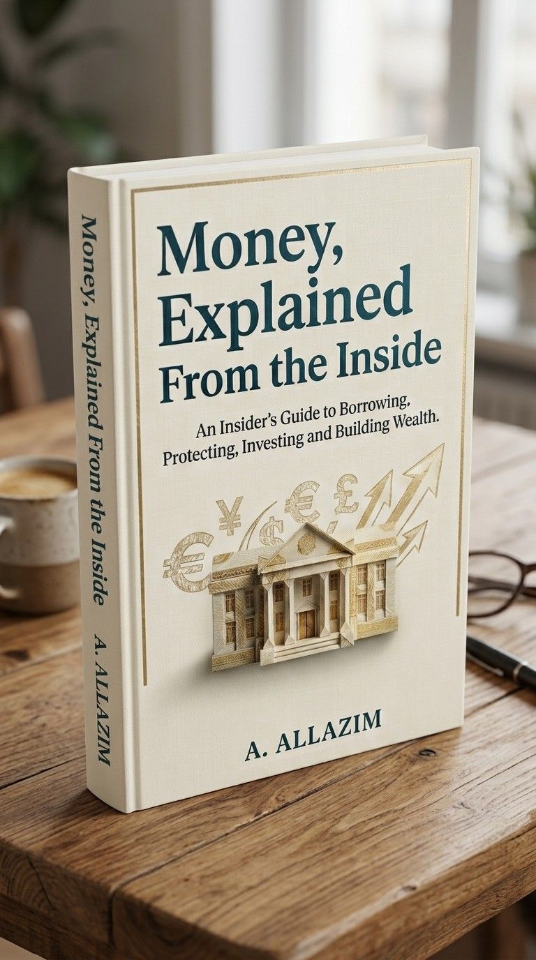 Money, Explained From the Inside by A. Allazim standing on a wooden table beside a cup of coffee, glasses and a pen.