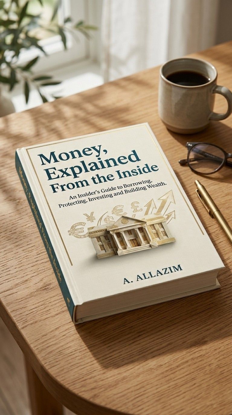 Money, Explained From the Inside by A. Allazim, on a wooden desk beside a cup of coffee, glasses and a gold pen.