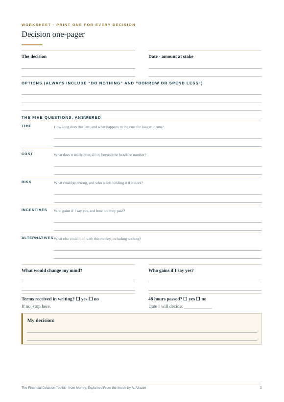 The decision one-pager: a worksheet with the five questions