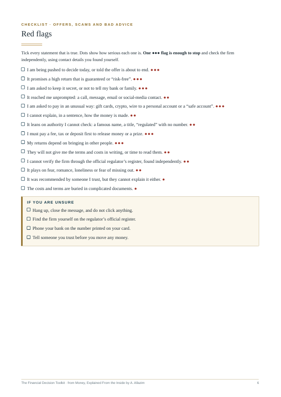 The red-flag checklist with a severity score for each warning sign